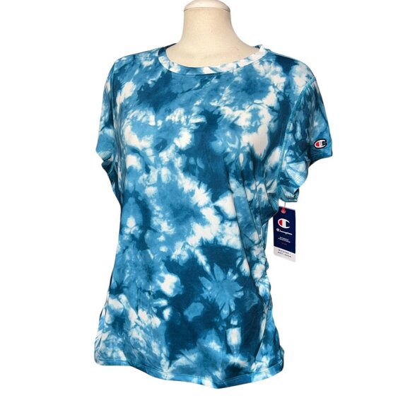 Champion Tie Dye Ruched Side Short Sleeve Crewneck Active Top Sz XL Blue & White - Picture 1 of 16
